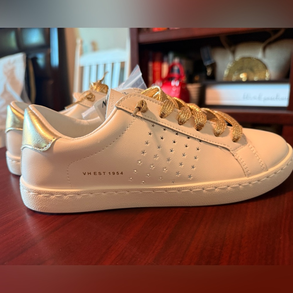 V.HEST 1954 White Leather Sneakers with Gold Accents
